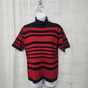 Vintage Jennifer Moore Sweater Turtleneck Stripes Red Black Short Sleeve M